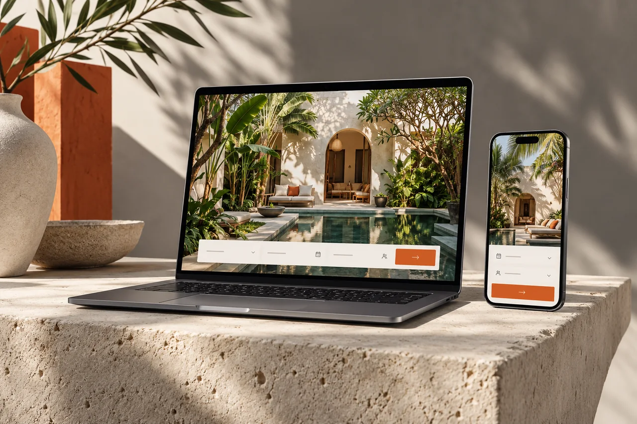 Hotel booking website design concept Laptop and smartphone displaying an illustrative boutique hotel booking website