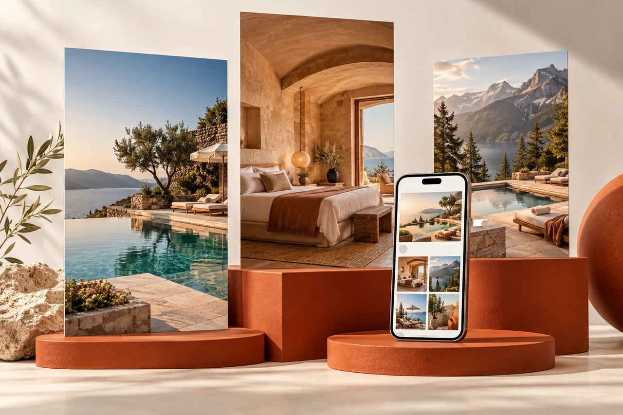 Hospitality advertising creative concept Hotel photography campaign panels and a smartphone on a terracotta display