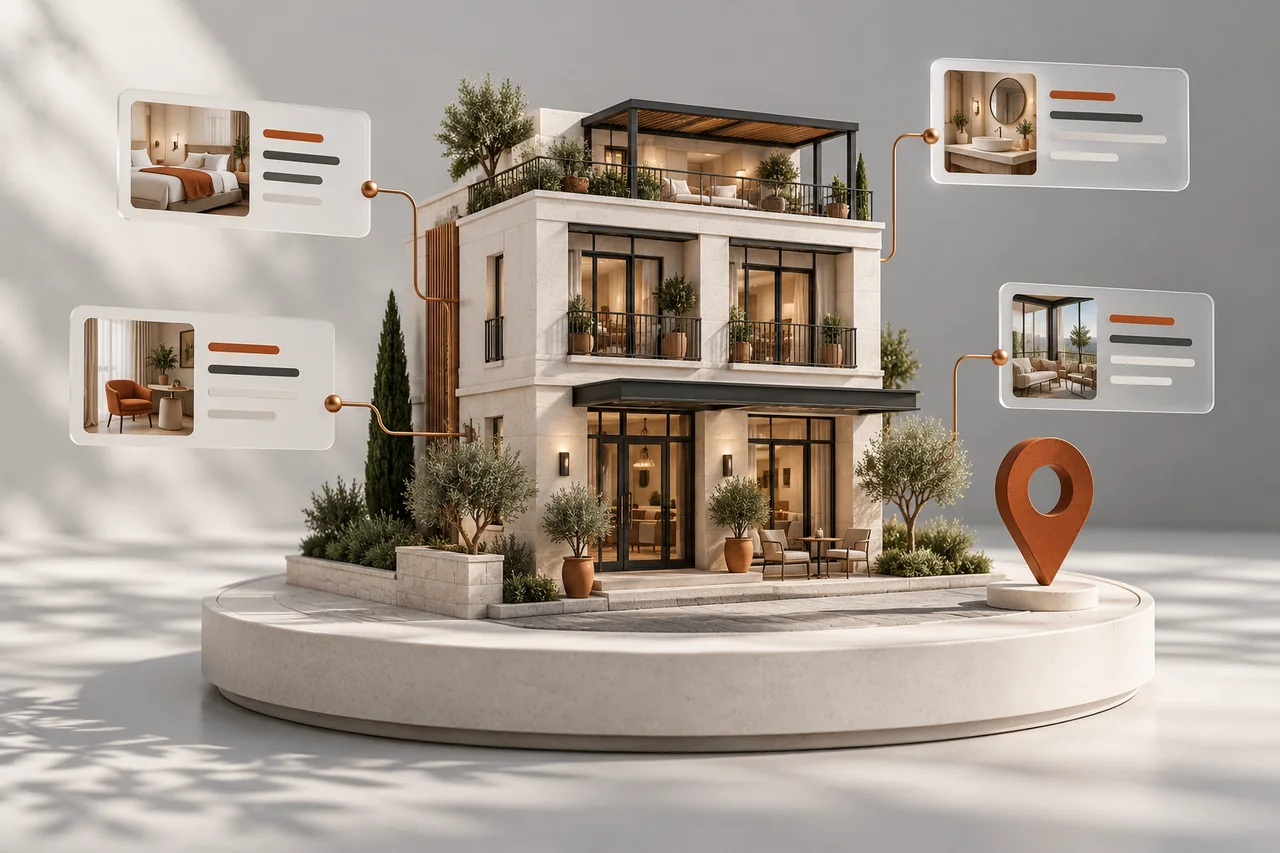 Hotel search and AI discovery illustration Architectural hotel model connected to search panels and a location marker