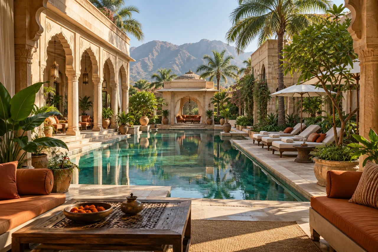 Boutique resort hospitality concept Sandstone resort courtyard with a turquoise pool, palms and terracotta seating