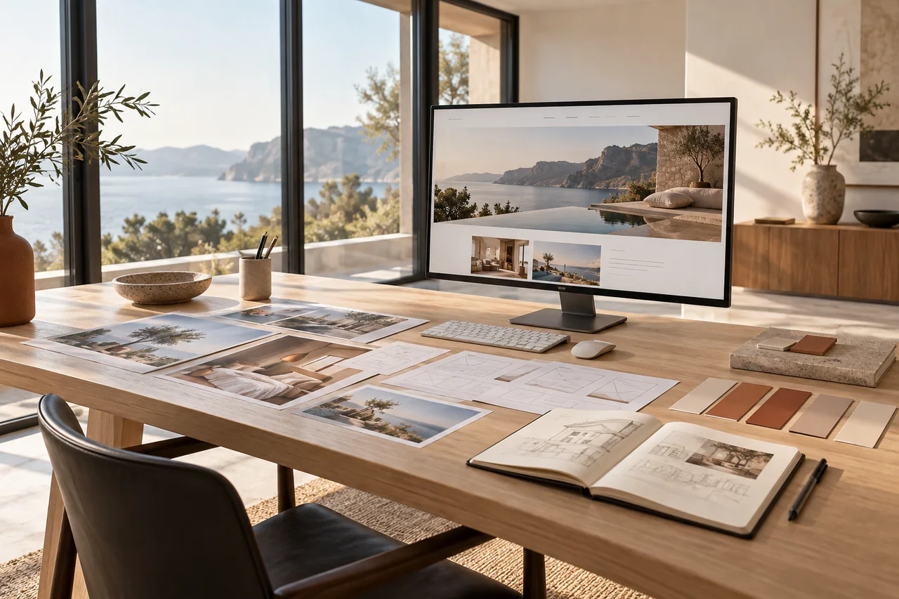 Illustrative design workspace with hotel photographs, wireframes and a website concept