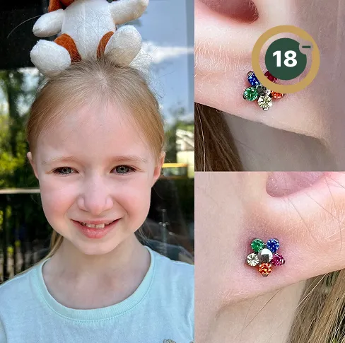 A composite image showing an ear piercing close-up and a child holding a teddy bear