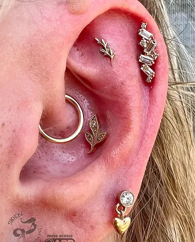 A close-up of a curated ear with multiple piercings